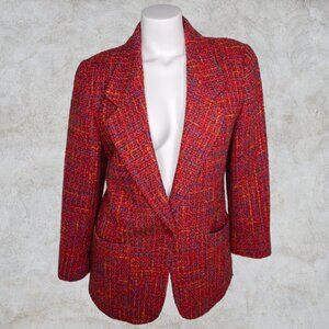 Liz Claiborne Classic Vintage Red Tweed Style Jacket Multicolor Knit / Weave